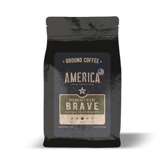 Ground Brave Breakfast Blend coffee from America Supply Company LLC, showing a bag of rich, aromatic roasted coffee beans.