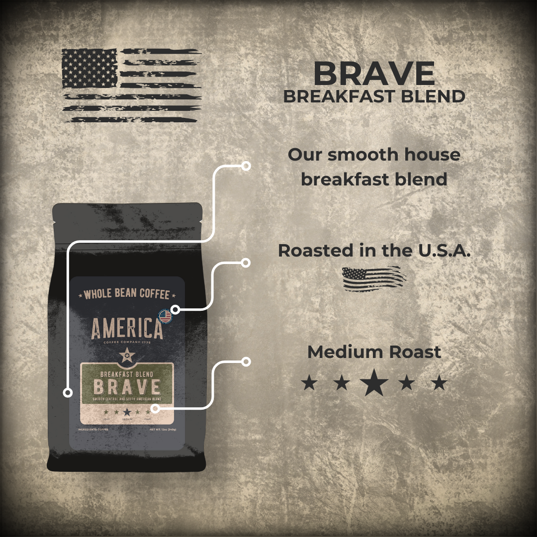 Brave Breakfast Blend coffee bag from America Supply Company LLC, featuring a rich, aromatic coffee blend for breakfast enjoyment.