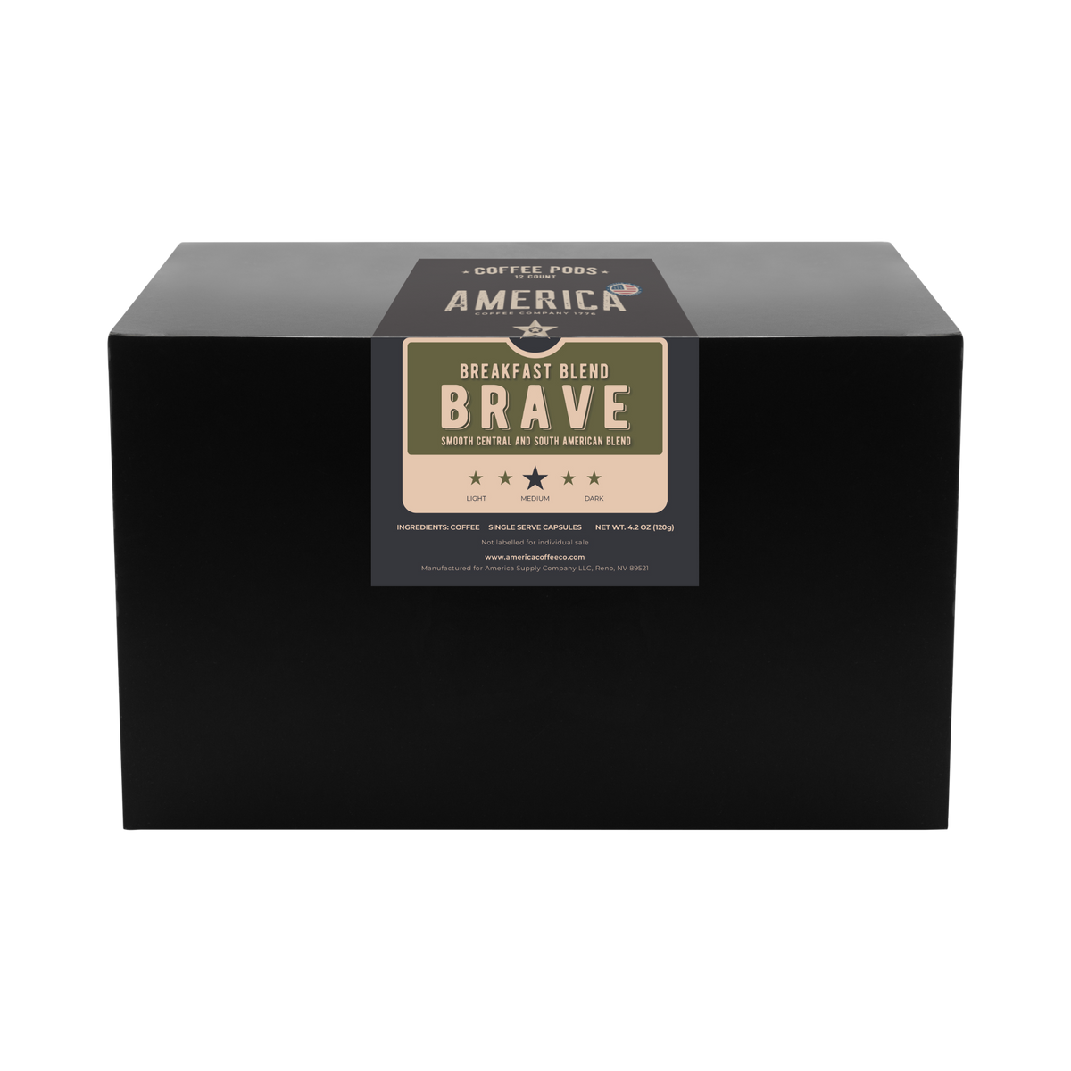 Box of Brave Breakfast Blend coffee pods from America Supply Company LLC, featuring a variety of coffee pods for brewing.