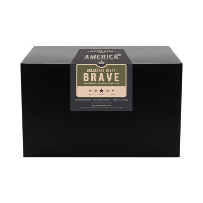 Box of Brave Breakfast Blend coffee pods from America Supply Company LLC, featuring a variety of coffee pods for brewing.