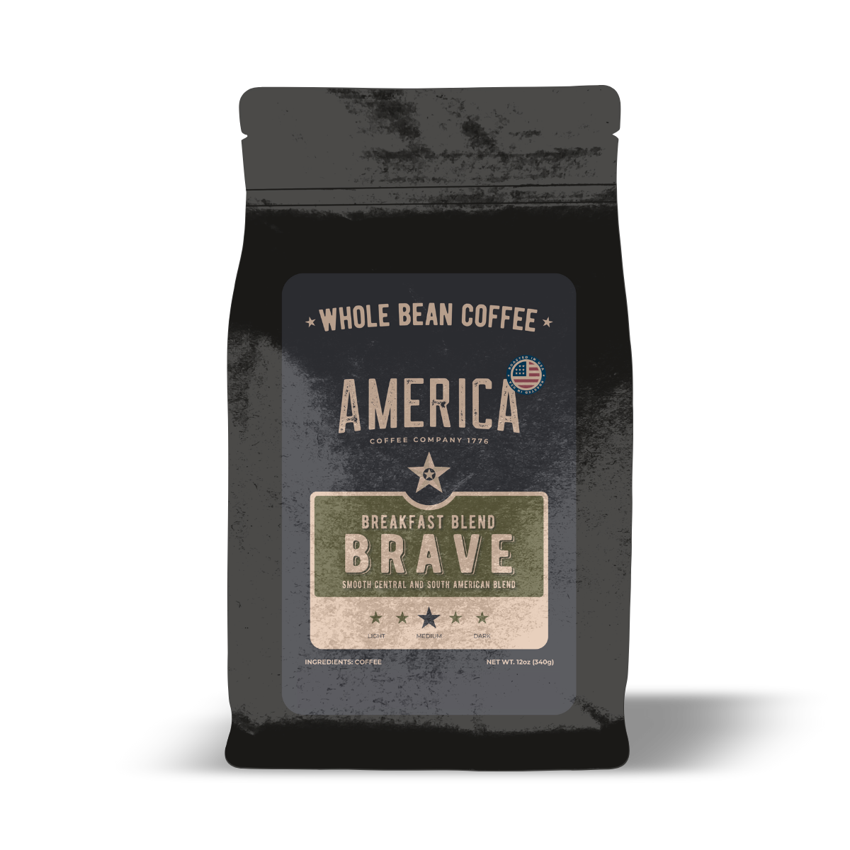 Whole Brave Breakfast Blend coffee beans from America Supply Company LLC, showcasing fresh, roasted coffee beans in a natural setting.