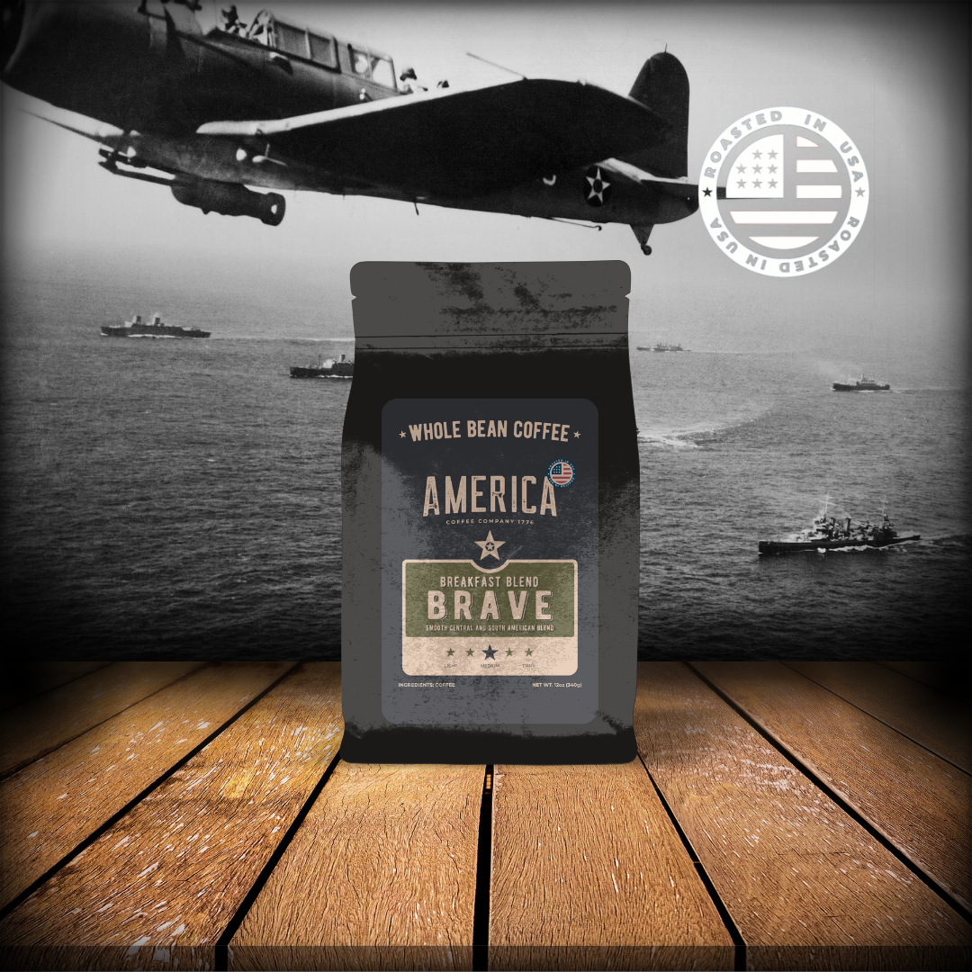 A bag of Brave Breakfast Blend coffee from America Supply Company LLC with the product label visible.