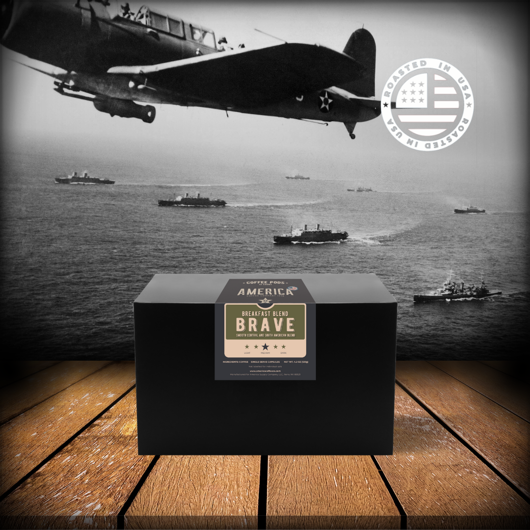 Bag of Brave Breakfast Blend coffee from America Supply Company LLC, featuring a colorful label with coffee branding and design.