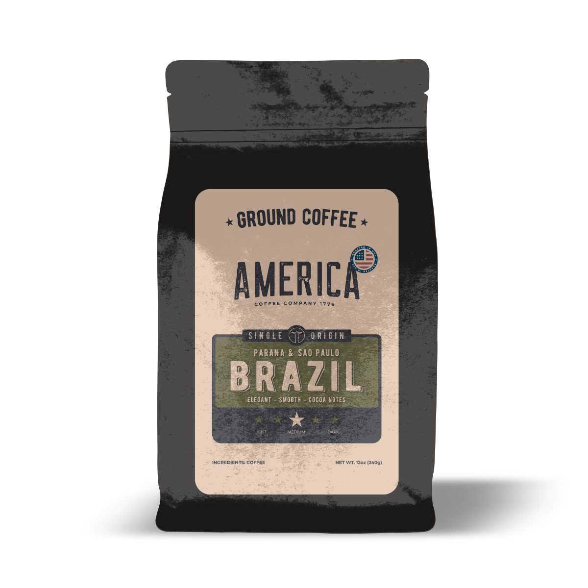 Ground Brazil single origin natural coffee from America Supply Company LLC, showing a close-up of the coffee grounds.