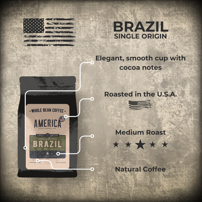 Brazil single origin natural coffee beans from America Supply Company LLC, showcasing roasted coffee beans with rich aroma.