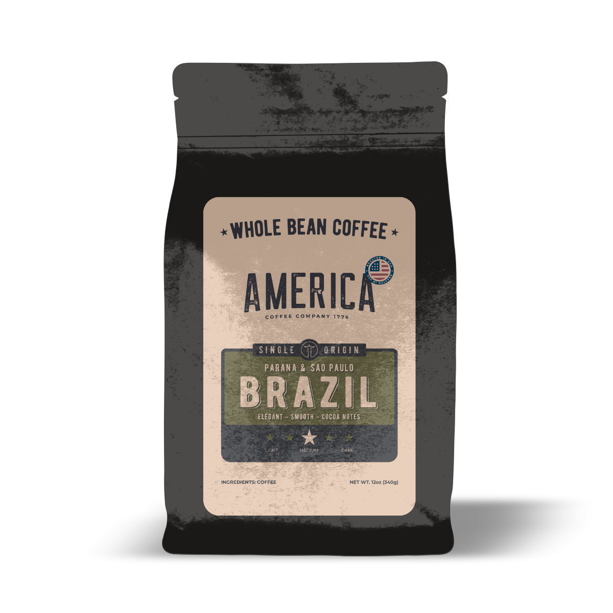 Whole Brazil single origin natural coffee beans from America Supply Company LLC, showcasing light brown roasted beans.