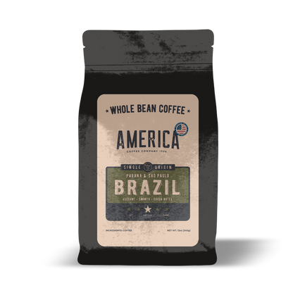 Whole Brazil single origin natural coffee beans from America Supply Company LLC, showcasing light brown roasted beans.