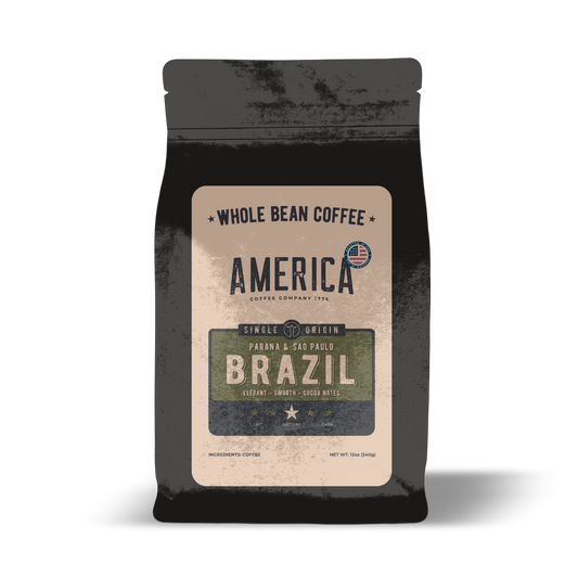 Whole Brazil single origin natural coffee beans from America Supply Company LLC, showcasing light brown roasted beans.
