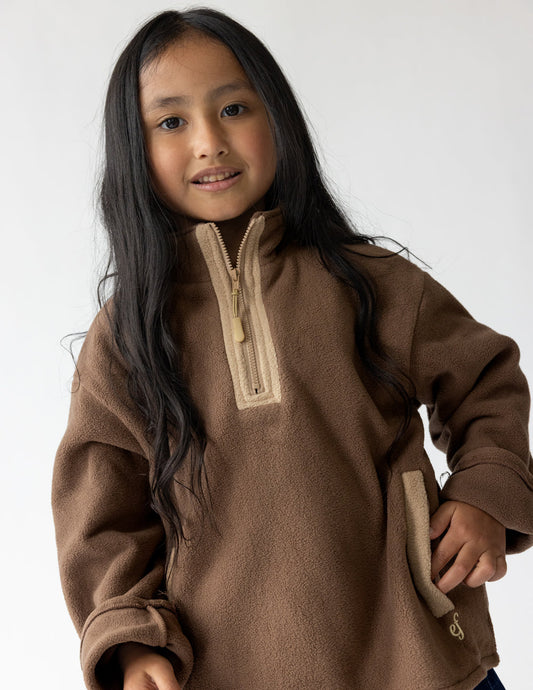 Brown fleece kids pullover jacket by Elevated Faith, cozy and warm, with a soft textured fabric for children.