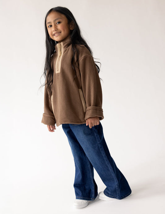 Brown fleece kids pullover jacket by Elevated Faith, cozy and warm with a soft texture, perfect for children’s casual wear.