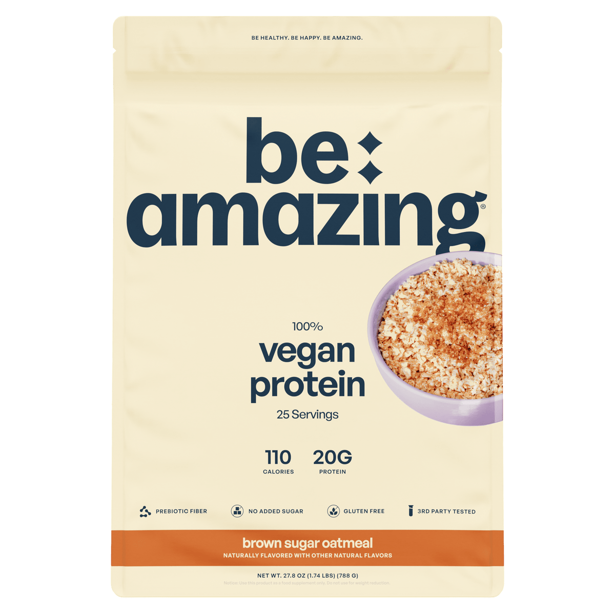 Be Amazing vegan protein powder with brown sugar oatmeal flavor in a container, showcasing the product packaging.