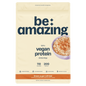 Be Amazing vegan protein powder with brown sugar oatmeal flavor in a container, showcasing the product packaging.