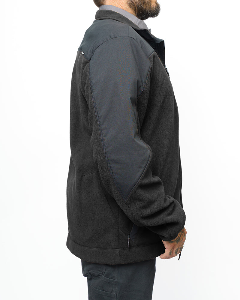 Black Bruin Fleece Zip Up by Off The Grid Surplus, displayed on a hanger, showcasing its front view and zip closure.