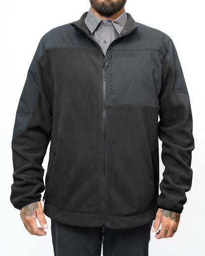 Black Bruin fleece zip-up jacket by Off The Grid Surplus, showing a close-up of the fleece fabric and zipper details.