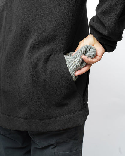 Black Bruin fleece zip-up jacket by Off The Grid Surplus, showcasing a cozy fleece material with a full front zipper.