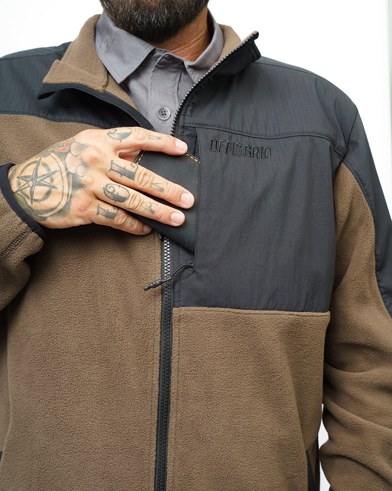 Off The Grid Surplus Bruin Fleece Zip-Up in major brown, featuring a cozy fleece material with a front zipper and collar.