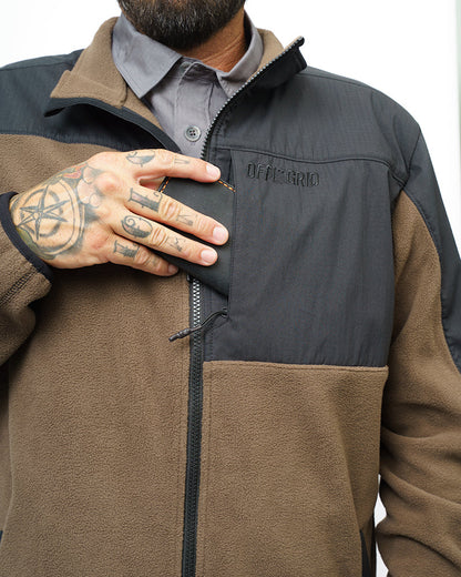 Off The Grid Surplus Bruin Fleece Zip-Up in major brown, featuring a cozy fleece material with a front zipper and collar.