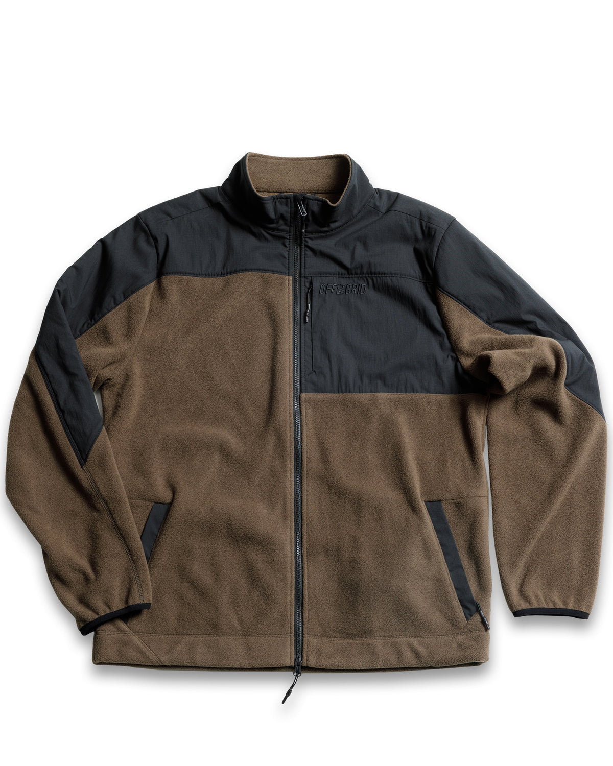 Off The Grid Surplus Bruin Fleece Zip Up in Major Brown, cozy fleece jacket with front zipper and collar, casual outdoor style