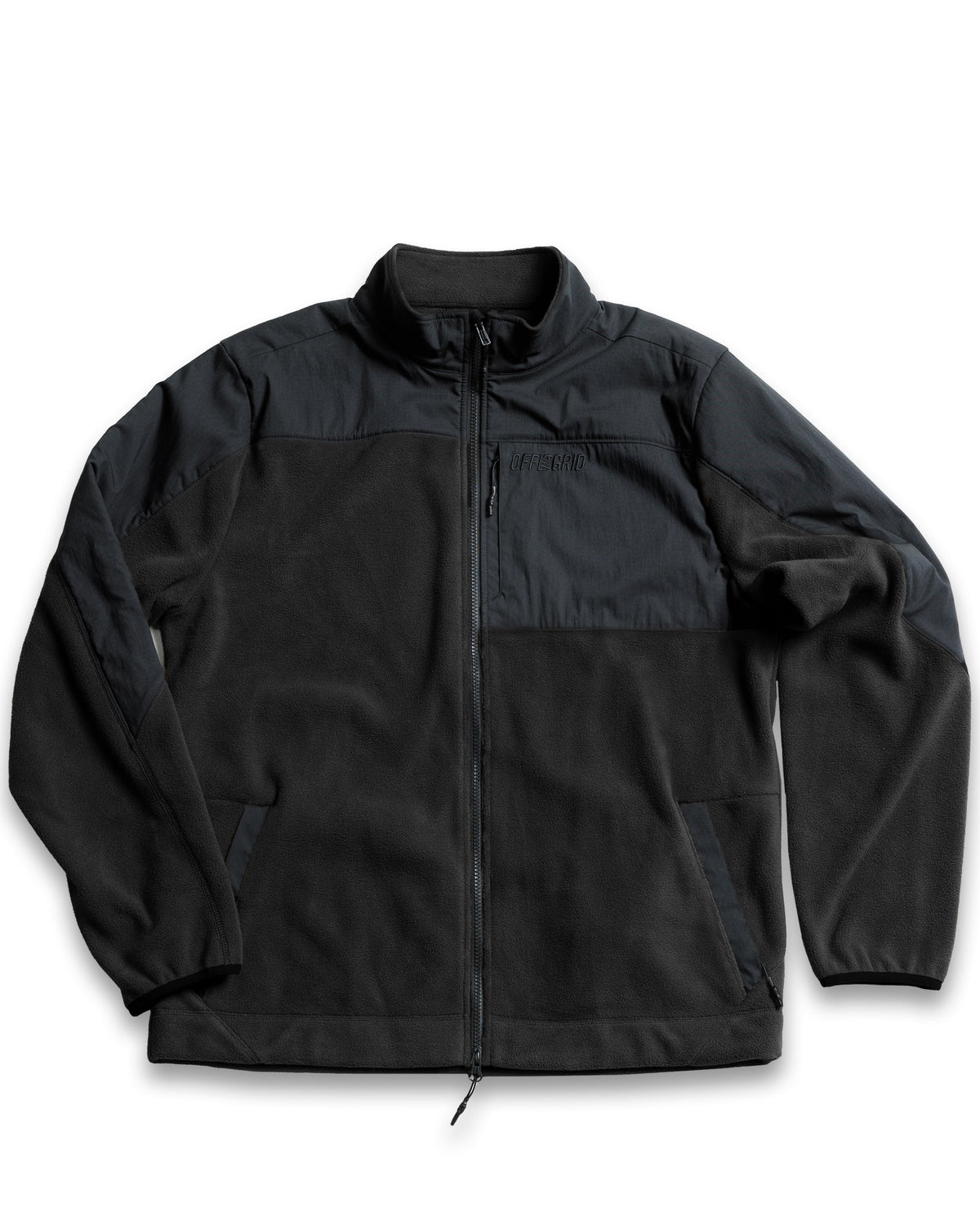 Black Bruin Fleece Zip Up by Off The Grid Surplus, showing a close-up of the fleece jacket's front with a zipper and collar.