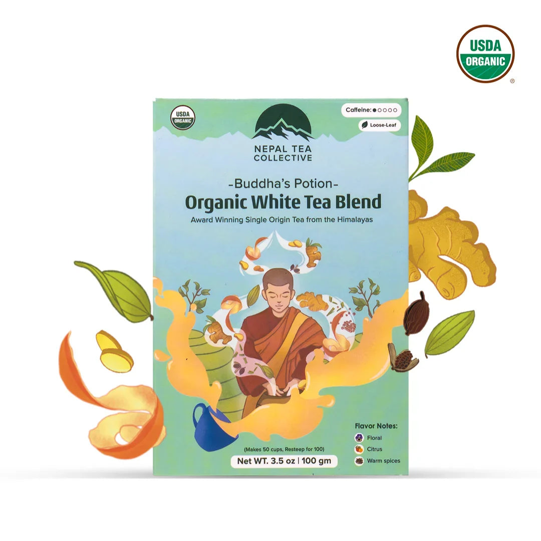 Organic Buddha's Potion blend by Nepal Tea in a 100g package, featuring a mix of herbs and botanicals for a calming tea experience.