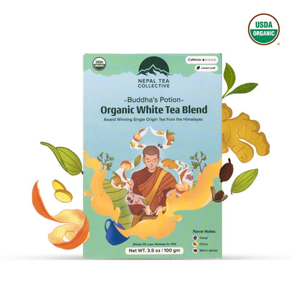 Organic Buddha's Potion blend by Nepal Tea in a 100g package, featuring a mix of herbs and botanicals for a calming tea experience.
