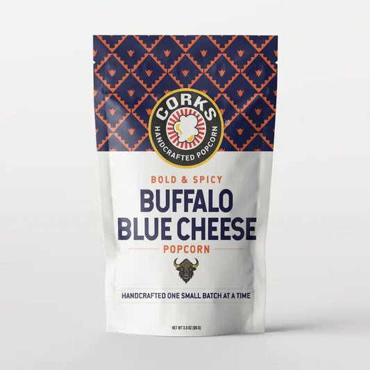 Cork's Kettle Corn Buffalo Blue Cheese Popcorn snack in a bowl, showcasing blue cheese-flavored popcorn.