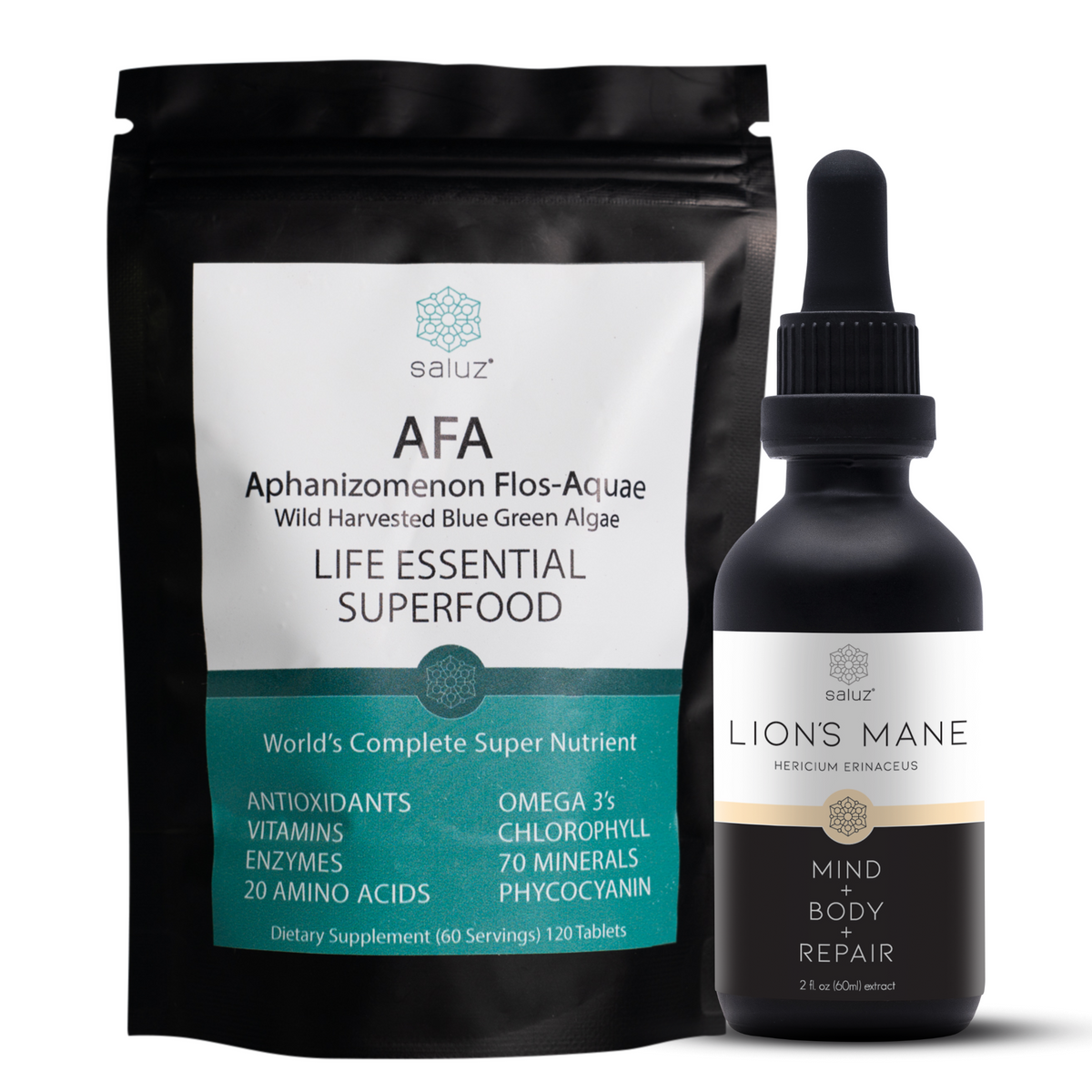 Saluz.io brain health supplements bundle with vitamins for memory, focus, and cognitive protection showing capsules and packaging.