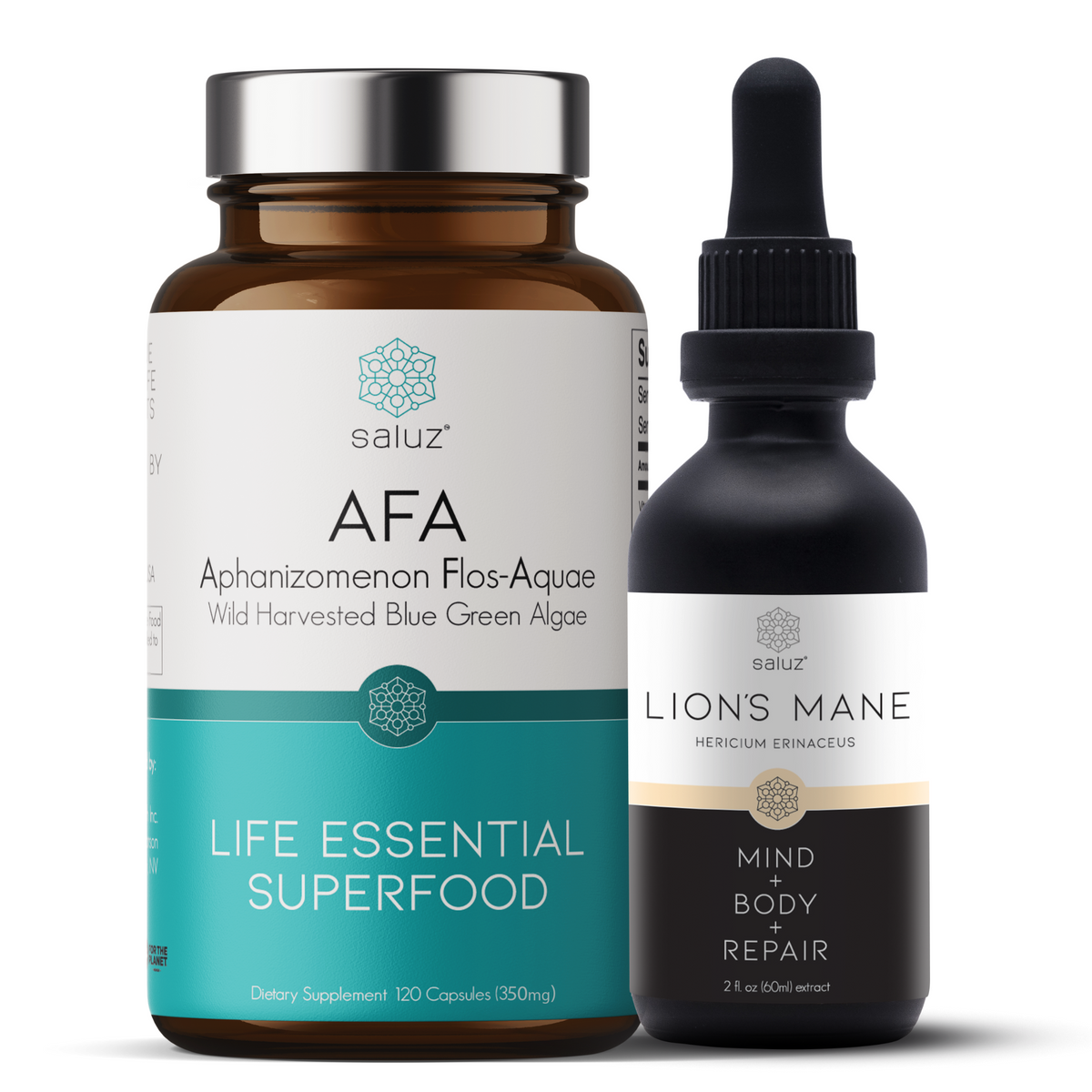 Saluz.io brain health supplements bundle with vitamins for memory, focus, and cognitive protection, featuring various supplement bottles.