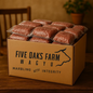 Box of Five Oaks Farm Wagyu 10lb ground beef bundle, featuring premium Wagyu beef for gourmet cooking.