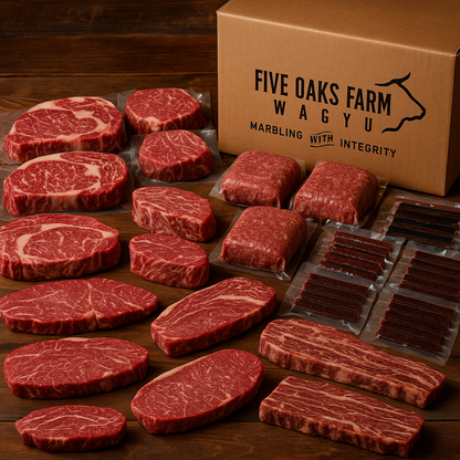 Five Oaks Farm Wagyu ground beef and Wagyu steak in a bundle box, showcasing premium Wagyu cuts and snack collection.
