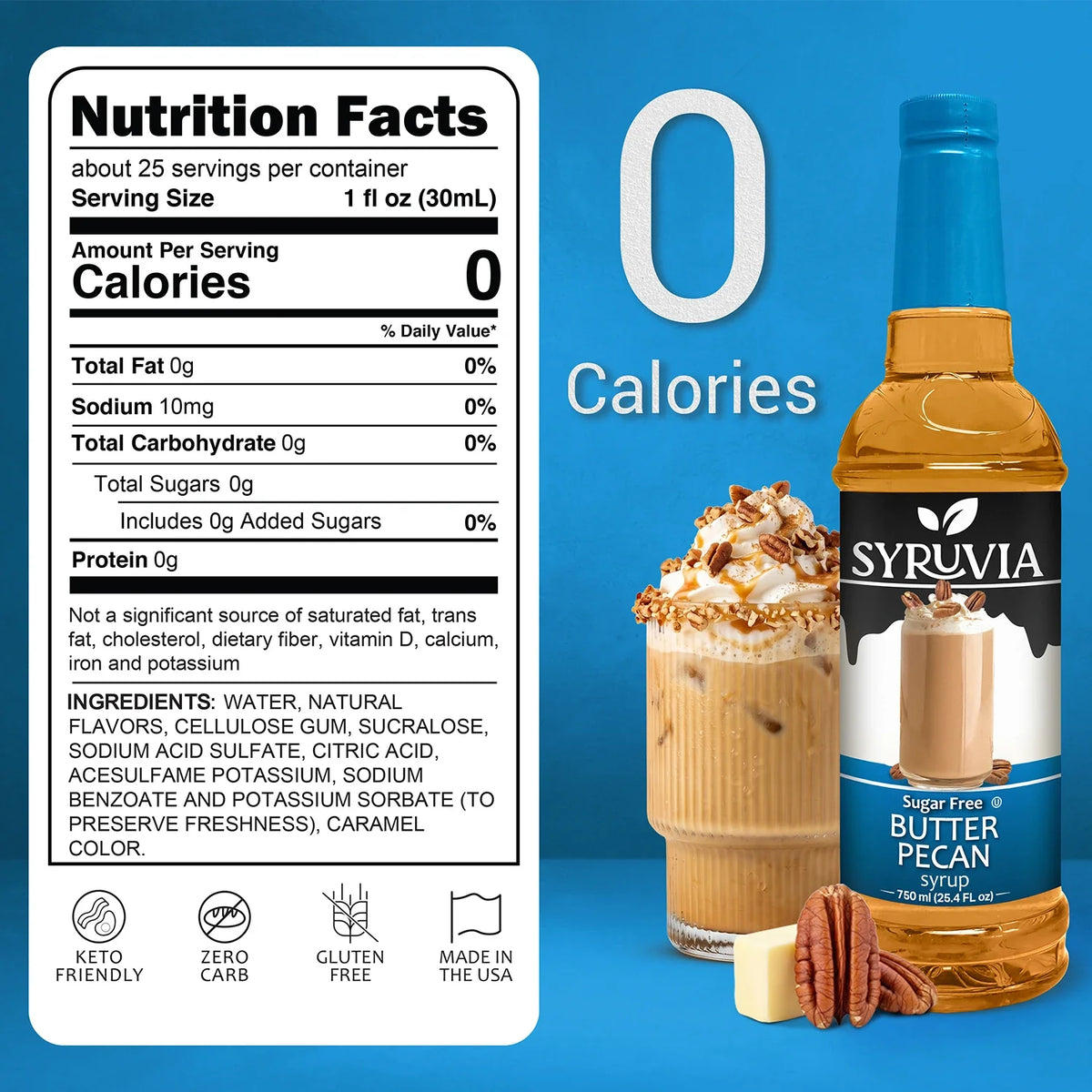 Bottle of Syruvia sugar-free butter pecan syrup with a label featuring pecan nuts and a caramel-colored liquid.