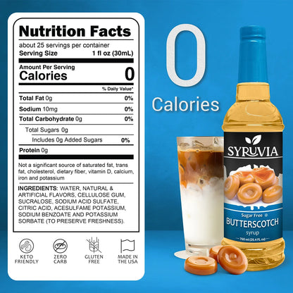 Bottle of Syruvia sugar-free butterscotch syrup with a caramel-colored liquid in a clear plastic container.