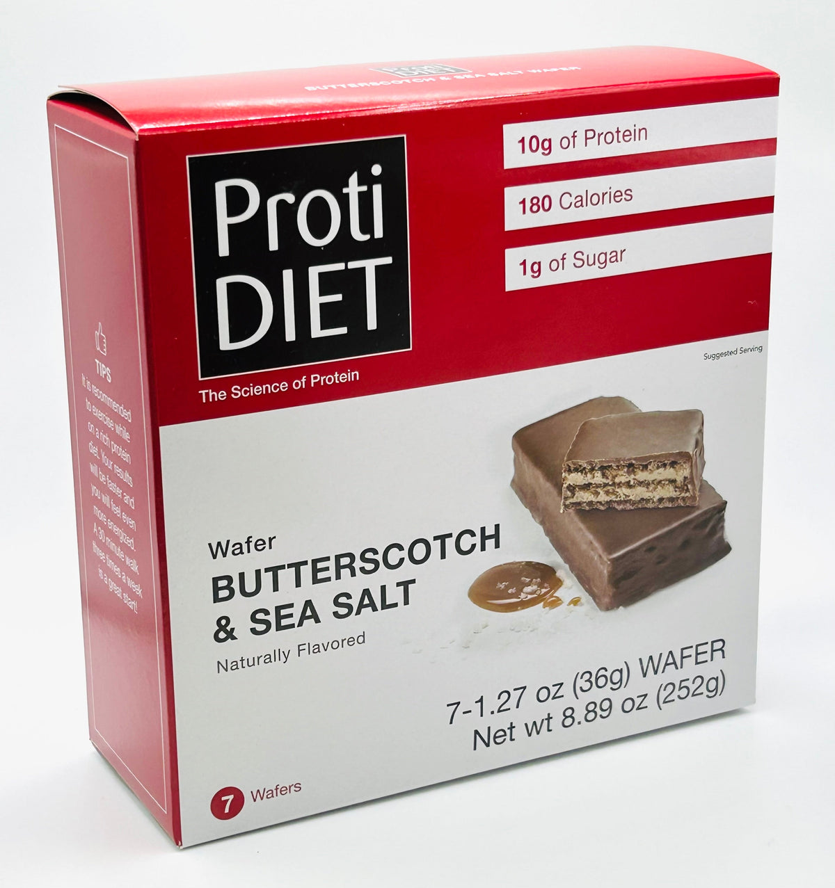 AmBari Nutrition PROTIDIET wafer bar with butterscotch and sea salt flavor, showing a crunchy, caramel-colored snack bar.