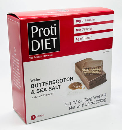 AmBari Nutrition PROTIDIET wafer bar with butterscotch and sea salt flavor, showing a crunchy, caramel-colored snack bar.
