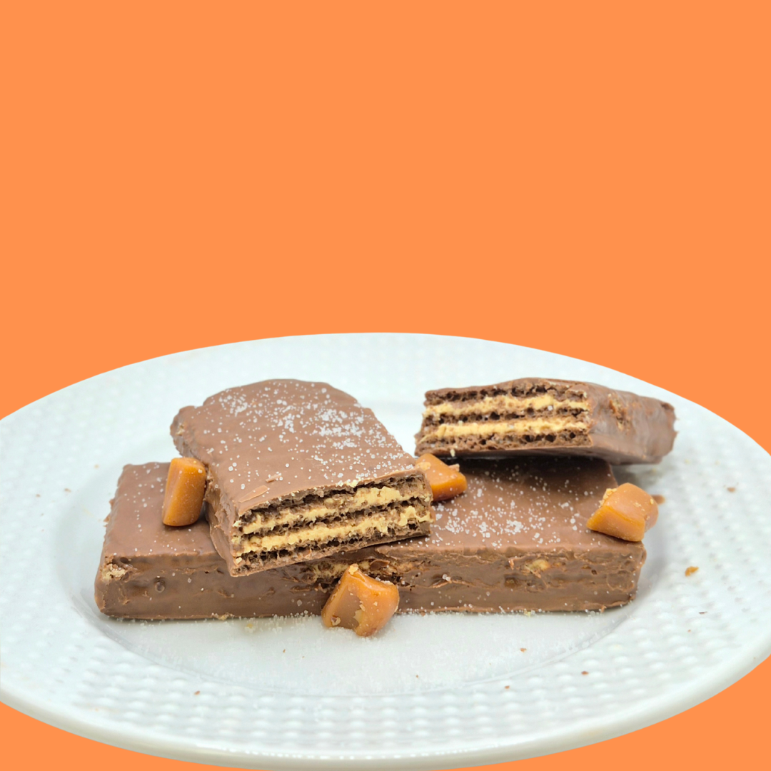 AmBari Nutrition PROTIDIET wafer bar with butterscotch and sea salt flavor, showing a crispy wafer snack with caramel and salt accents.