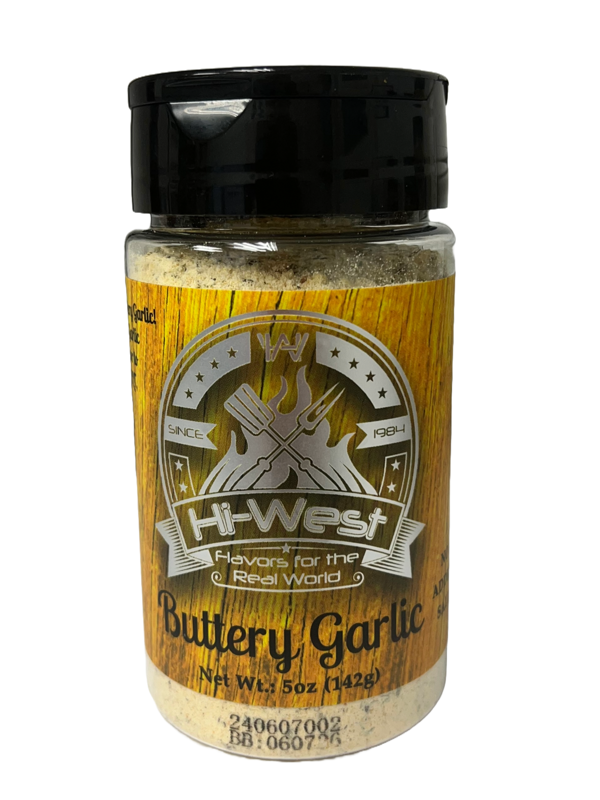 Hi-West Buttery Garlic Seasoning in a container, showcasing a vibrant blend of garlic and butter flavor for cooking and seasoning.