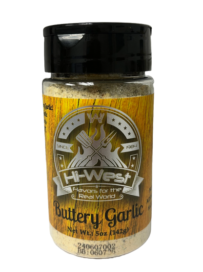 Hi-West Buttery Garlic Seasoning in a container, showcasing a vibrant blend of garlic and butter flavor for cooking and seasoning.