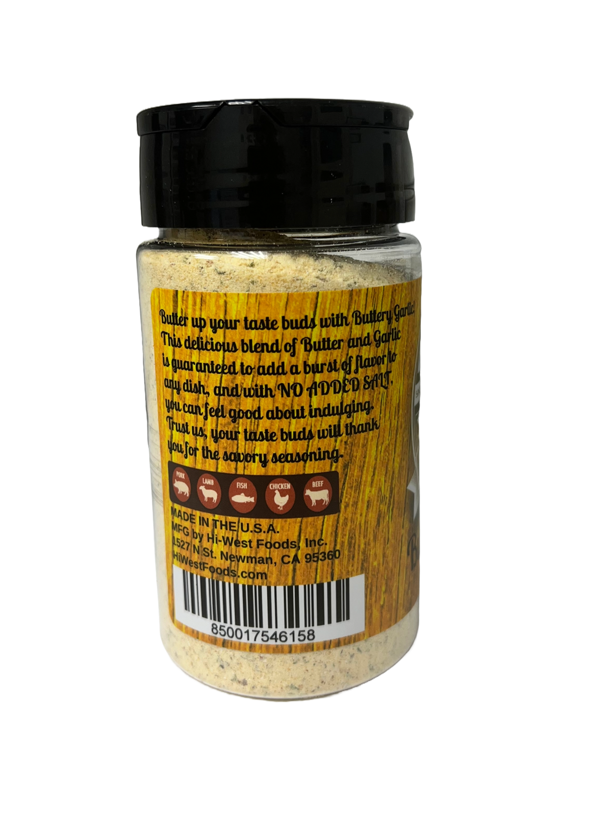 Hi-West Buttery Garlic Seasoning in a spice jar, ready to add rich garlic and buttery flavor to dishes