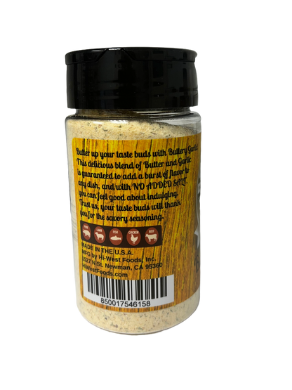Hi-West Buttery Garlic Seasoning in a spice jar, ready to add rich garlic and buttery flavor to dishes