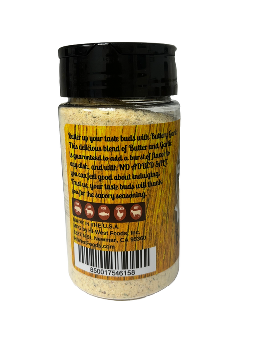 Hi-West Buttery Garlic Seasoning in a spice jar, ready to add rich garlic and buttery flavor to dishes