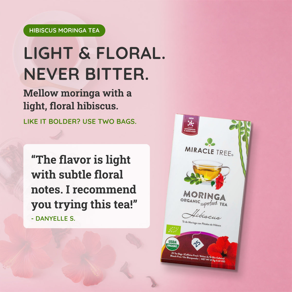 Organic Moringa and hibiscus herbal tea in a clear glass cup, featuring vibrant red hibiscus petals and green moringa leaves.