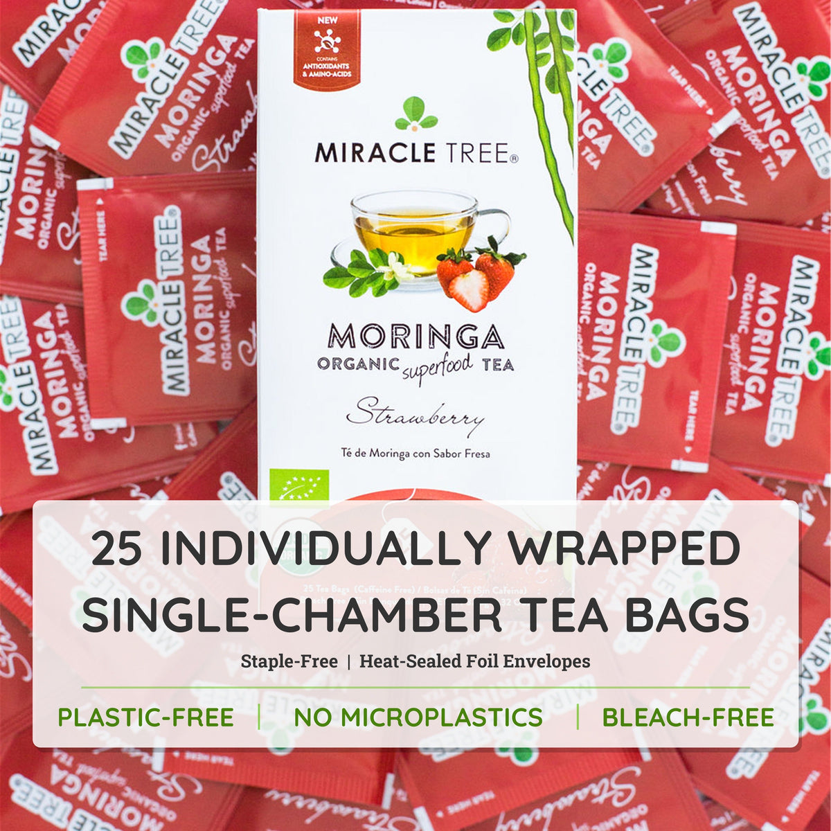 Organic Moringa Tea with strawberry flavor by Miracle Tree, caffeine-free herbal tea in a tea bag.