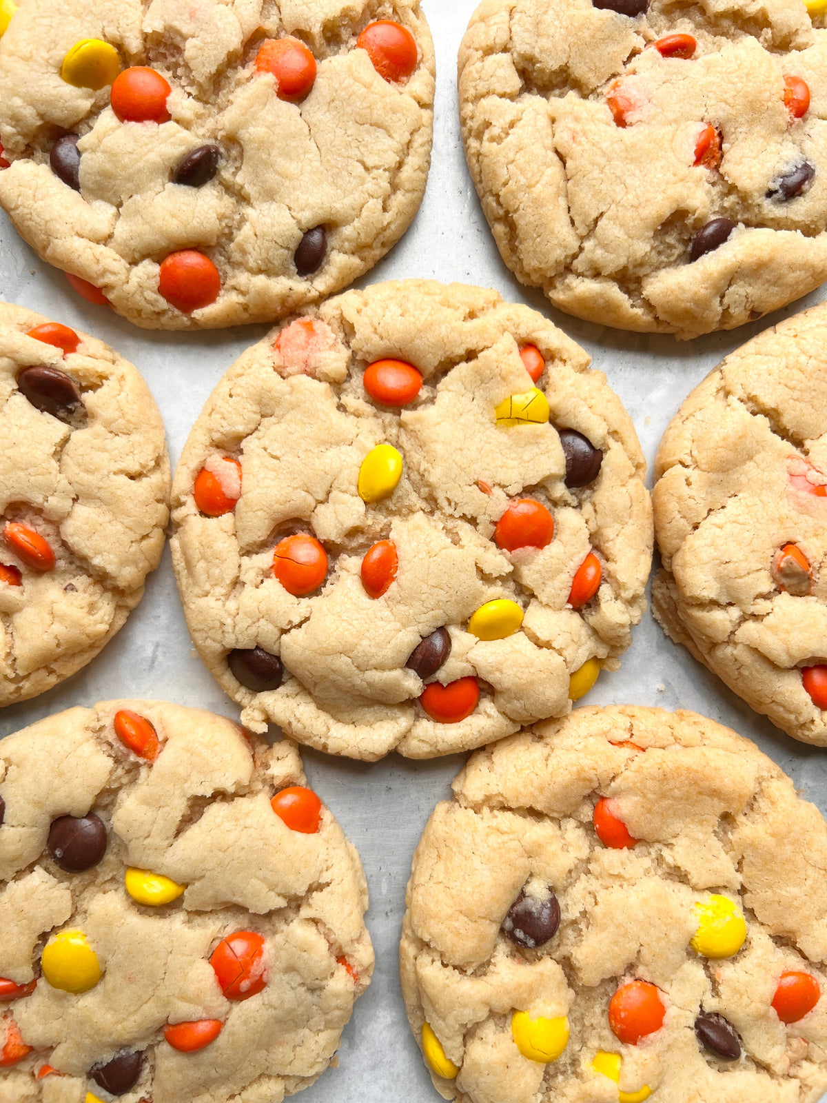 Let's Get Baked Artisan Desserts Reese's Pieces cookies with colorful chocolate pieces on top, fresh baked and delicious.
