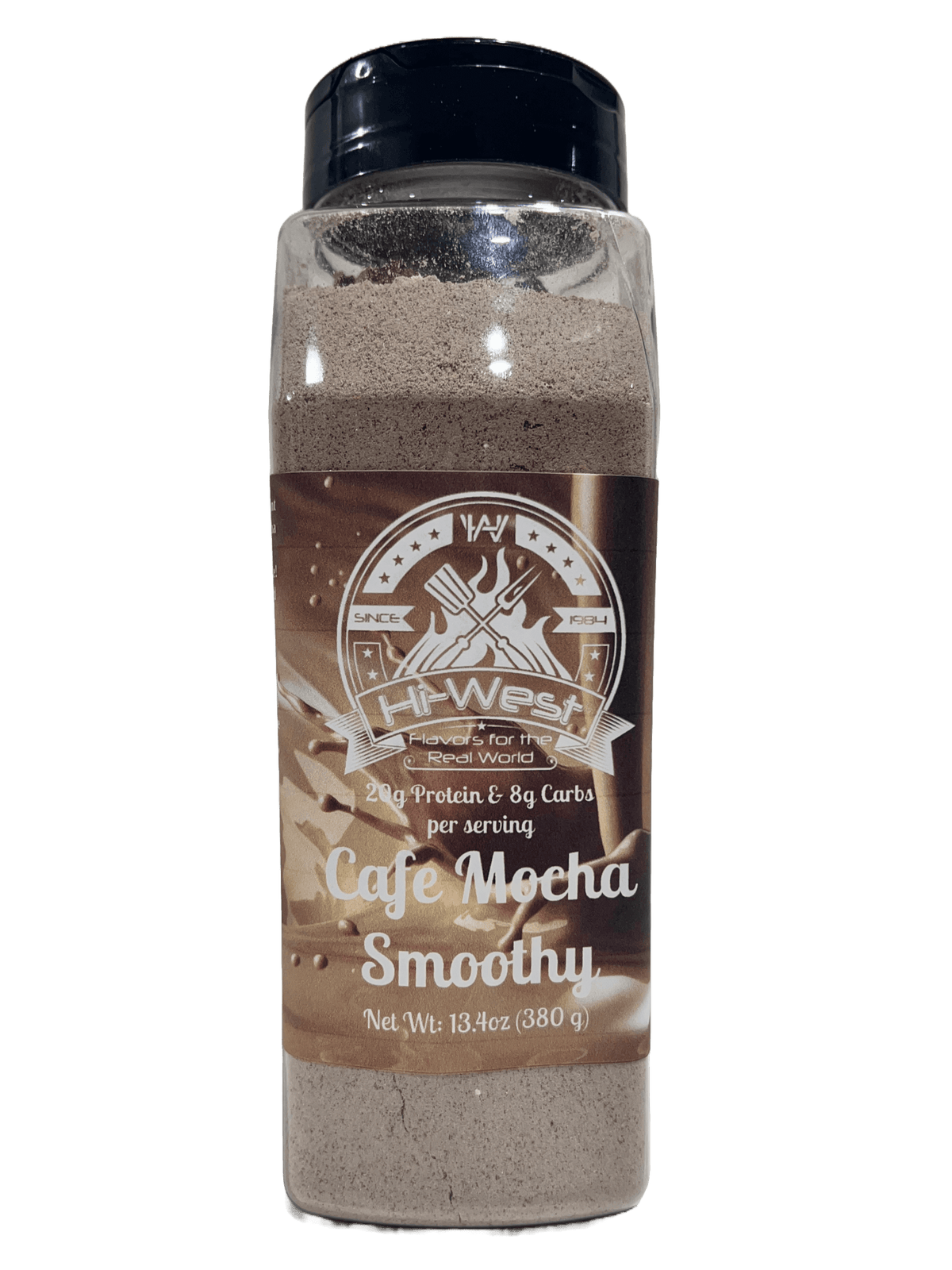 Hi-West Cafe Mocha Protein Shake in a glass with whipped cream and chocolate drizzle, ready to enjoy.