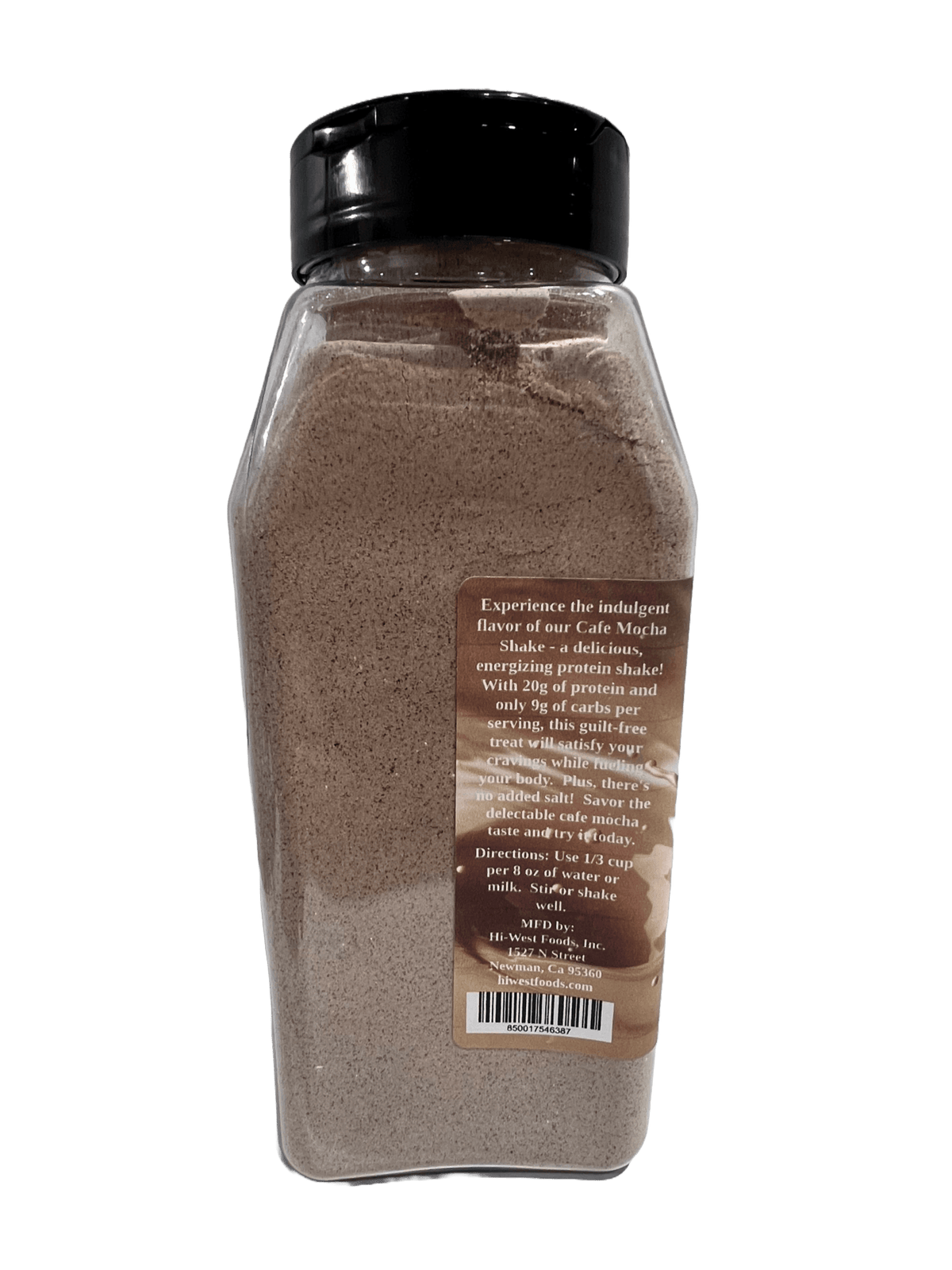 Hi-West Cafe Mocha Protein Shake in a glass with a creamy mocha appearance, topped with whipped cream and chocolate drizzle.