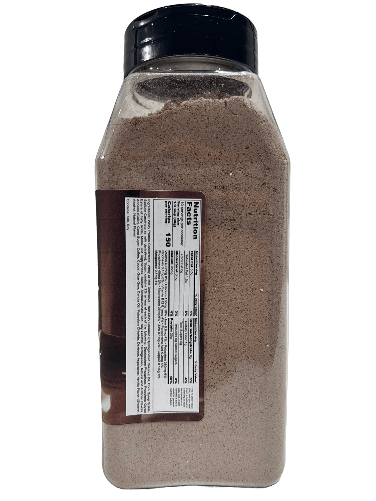 Hi-West Cafe Mocha Protein Shake in a clear glass, topped with whipped cream and chocolate drizzle, showcasing a creamy mocha beverage.