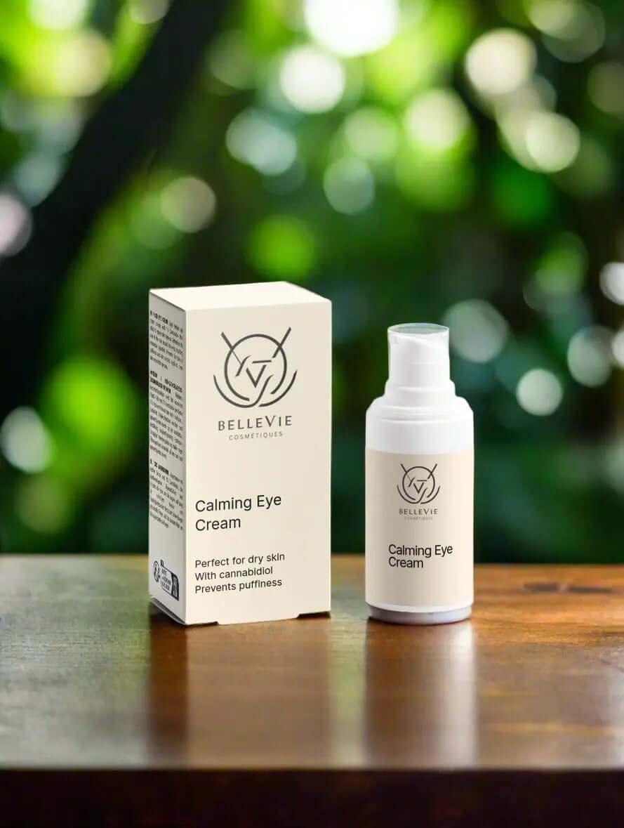 BelleVie Cosmétiques calming eye cream with hemp extract in a 15ml jar, designed to reduce puffiness and dark circles.