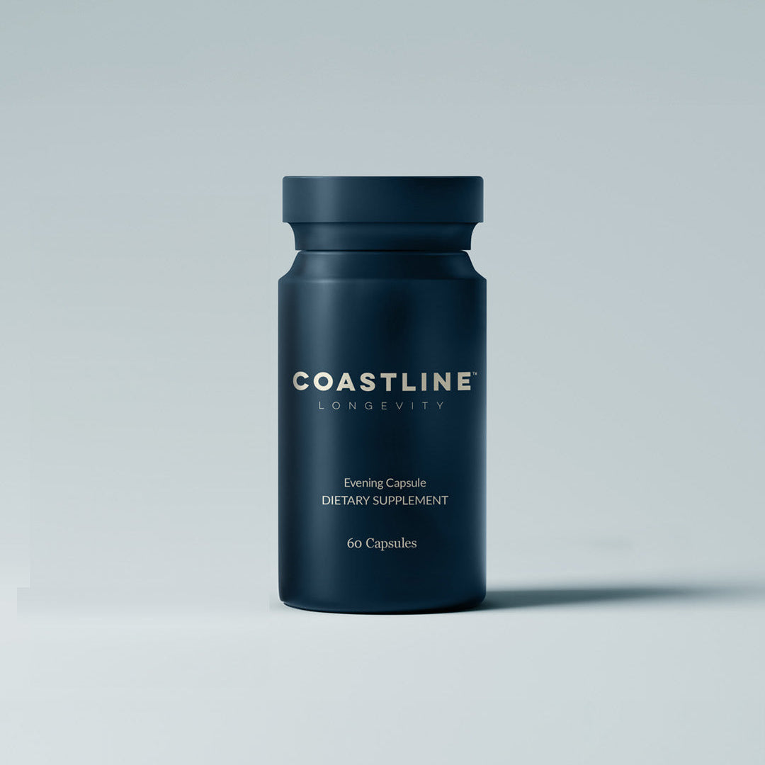 Coastline Longevity Recovery+ Evening Capsules in a white bottle, showing several PM capsules for relaxation and nighttime recovery.