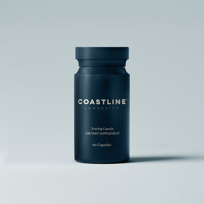 Coastline Longevity Recovery+ Evening Capsules in a white bottle, showing several PM capsules for relaxation and nighttime recovery.