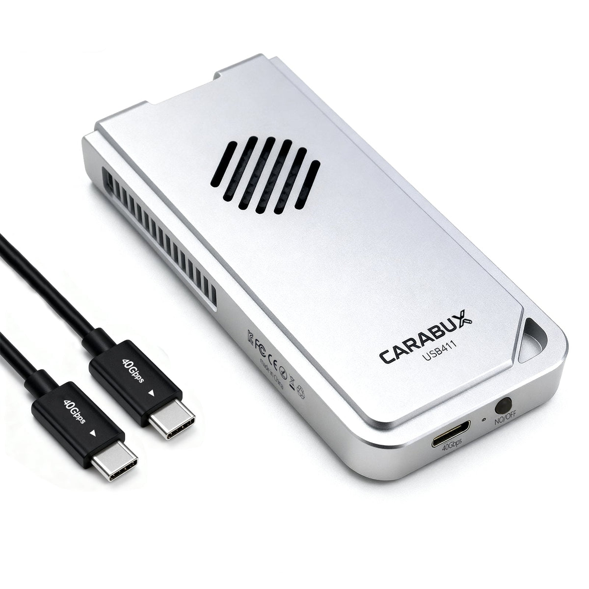 Carabux USB4 Thunderbolt SSD enclosure with cooling fan for M.2 2280 NVMe drives, tool-free design, high-speed 40Gbps data transfer